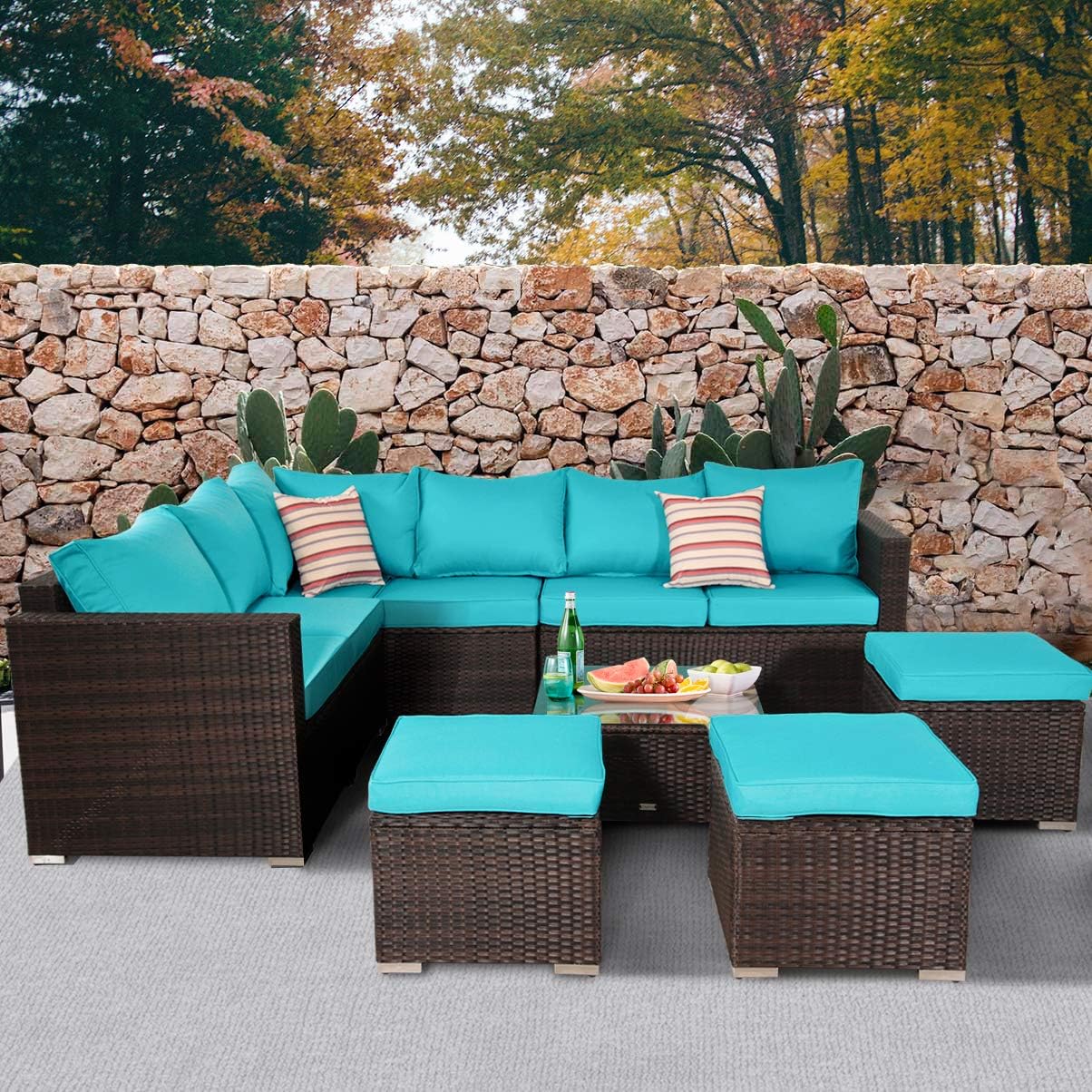 Outime Patio Furniture Sets 7PCS Brown PE Rattan Sofa Set with Turquoise Cushion Garden Rattan Seating Couch Sectional with 3 Ottomans Conversation Sofas