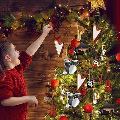 Miniatura 2 de Juego de 24 adornos de instrumentos musicales de Navidad, guitarra de madera, piano de cola, violín, saxofón, tambor, instrumento, regalos, árbol de