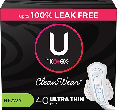 U by Kotex CleanWear Ultra Thin Feminine Pads with Wings, Heavy Absorbency, 40 Count