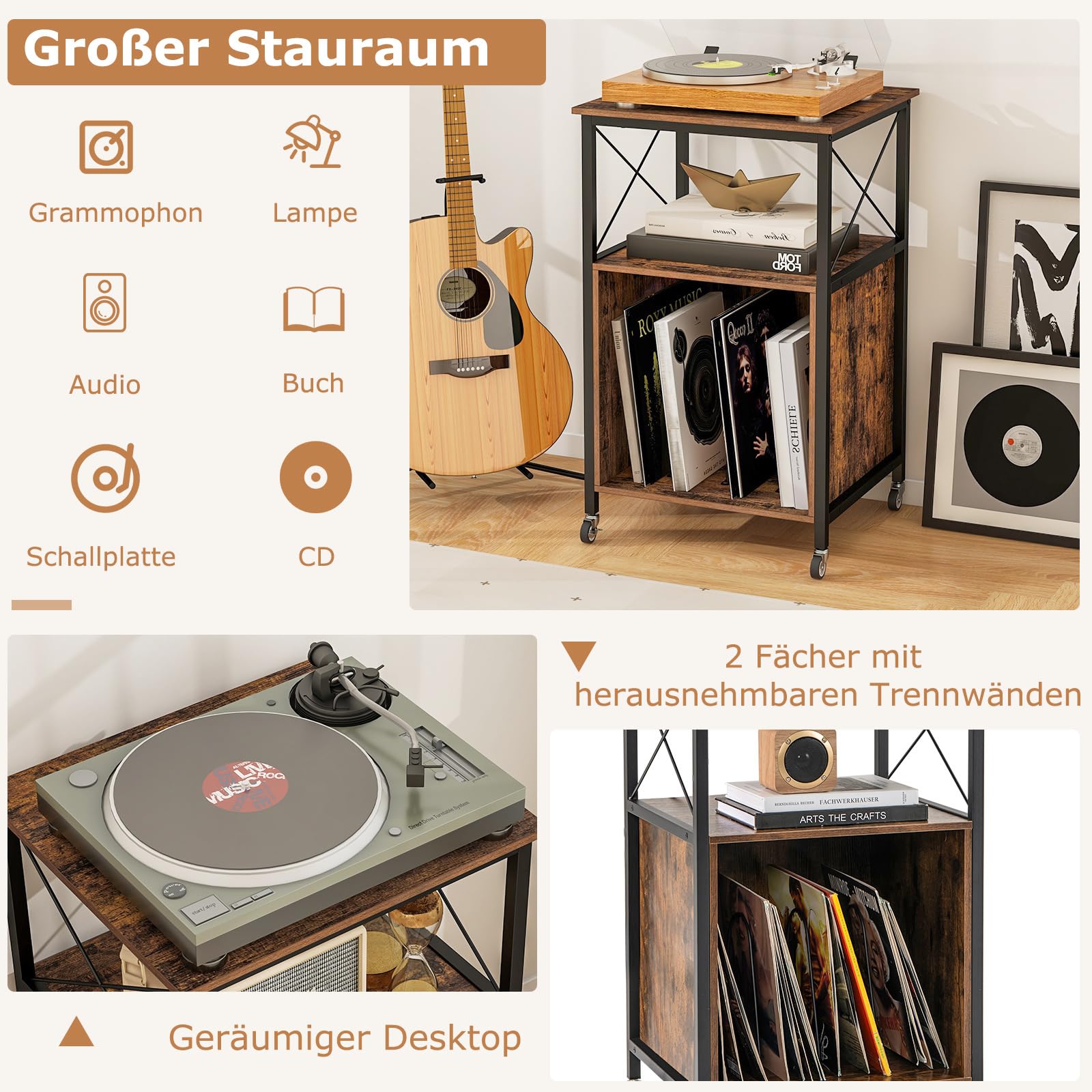COSTWAY Schallplatten Aufbewahrung Ständer, Schallplattenständer mit integrierter Ladestation, Beistelltisch Holz, Plattenspieler-Stand für Vinyl, Brown Records Regal für Wohnzimmer Schlafzimmer