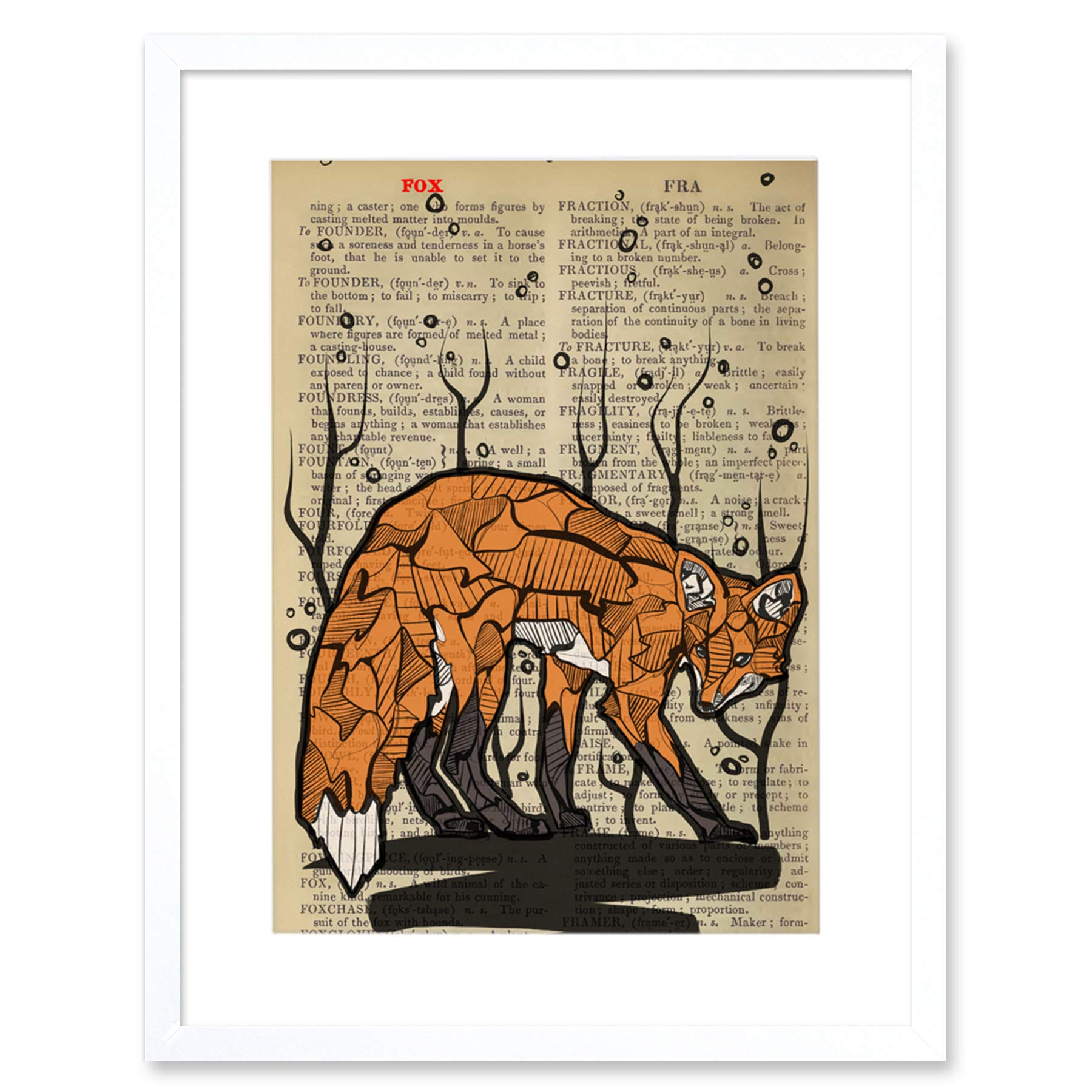 Wee Blue Coo Upcycle Dictionary Fox Artwork Framed Wall Art Print 12X16 Inch