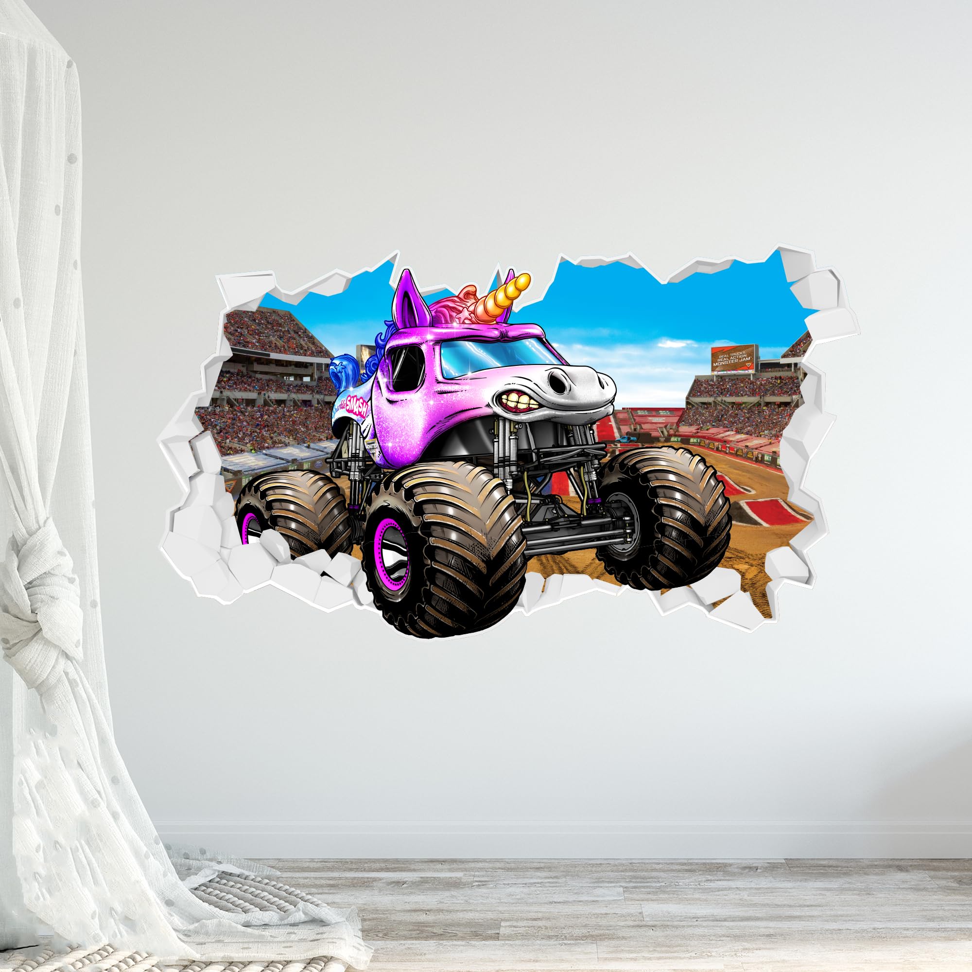Monster Jam Wall Sticker - Sparkle Smash Driving Through Broken Wall Decal Art (90cm Width x 50cm Height)
