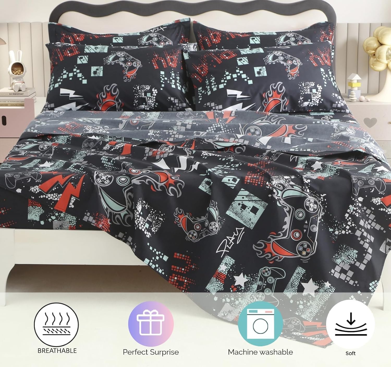 SDY 7PCS Full Size Gaming Bedding Set - Soft Video Game Comforter Set for Boys, Girls & Kids, Gamer Themed Bed Set with Comforter, Sheets & Pillowcases - Image 5