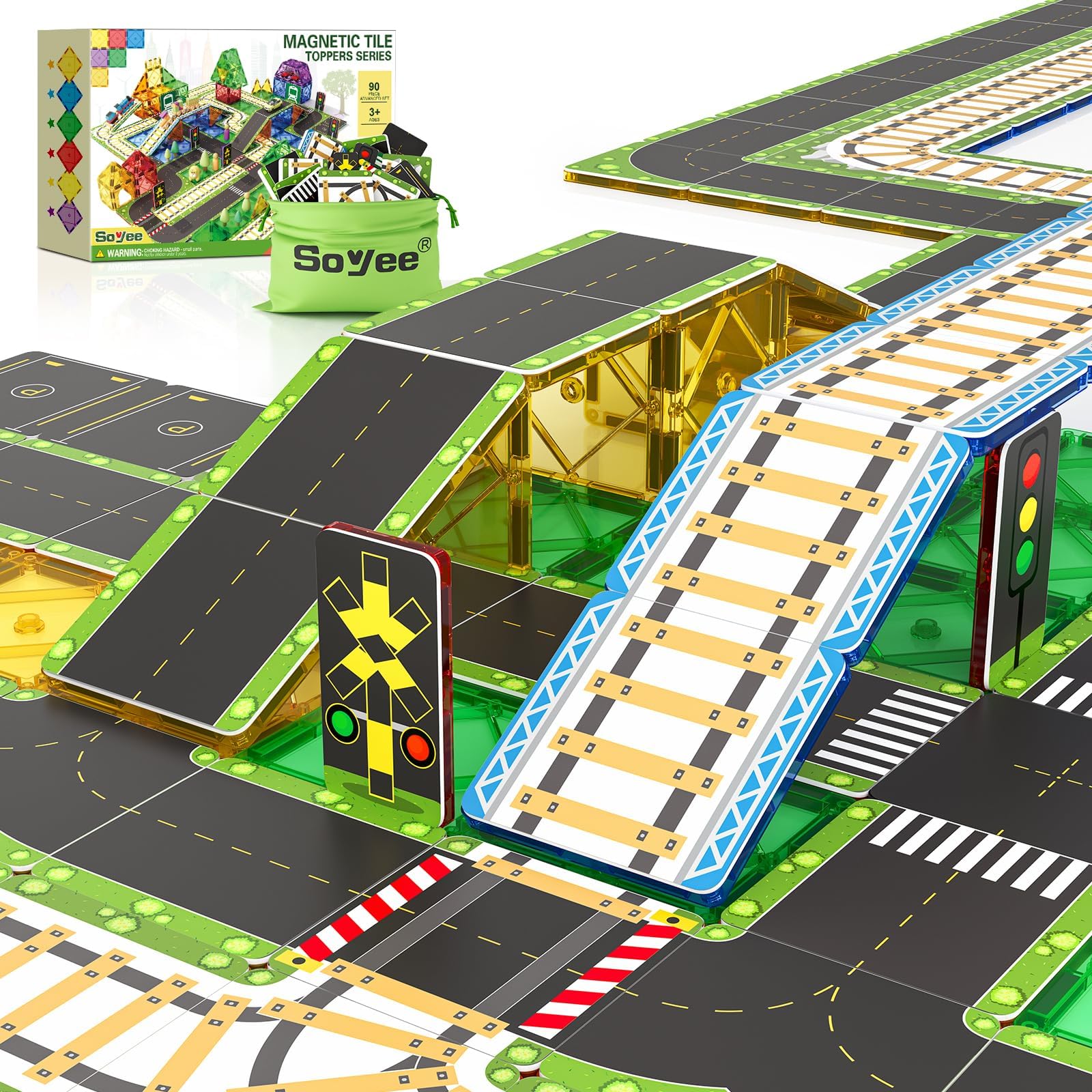 90PCS Magnetic Tile Road Toppers (Magnetic Tiles NOT Included) Kids Toys Magnetic Tile Accessories Creative Add-on Activity City Traffic Network Playset Sensory Play Toy Gifts for Kids Age 3 4 5 6 7
