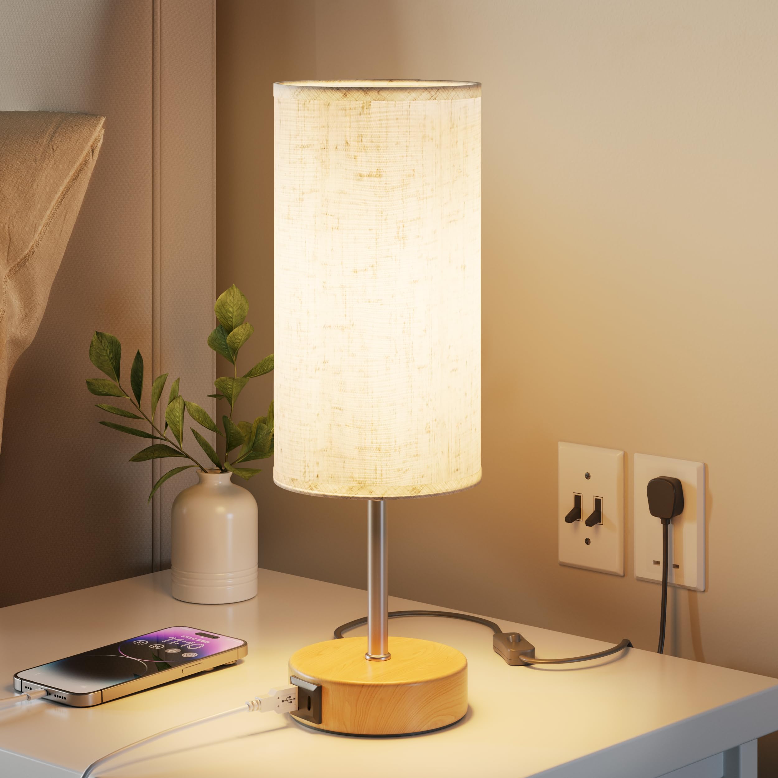 UPXNBOR Bedside Lamps, Table Lamp for Bedroom/Living Room/Study Room/Office with USB A+C Charging Ports, Reading Light