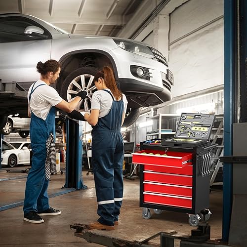 Miniatura 2 de Caja de herramientas con ruedas de 5 cajones, caja de herramientas rodante con ruedas, caja de herramientas con sistema de bloqueo con llave y Rojo-