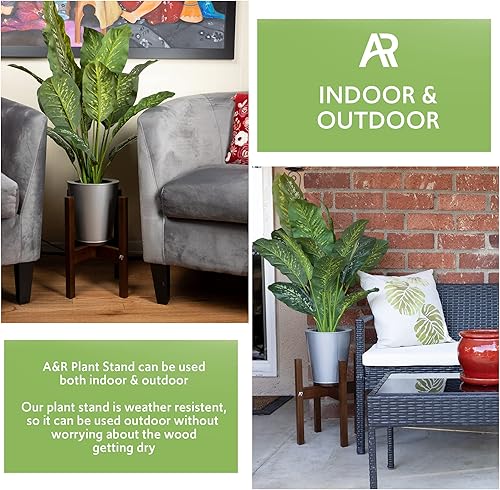 Miniatura 6 de A & R Soporte ajustable de madera de acacia para plantas de 8 a 12 pulgadas, soporte moderno de mediados de siglo con bandeja para macetas