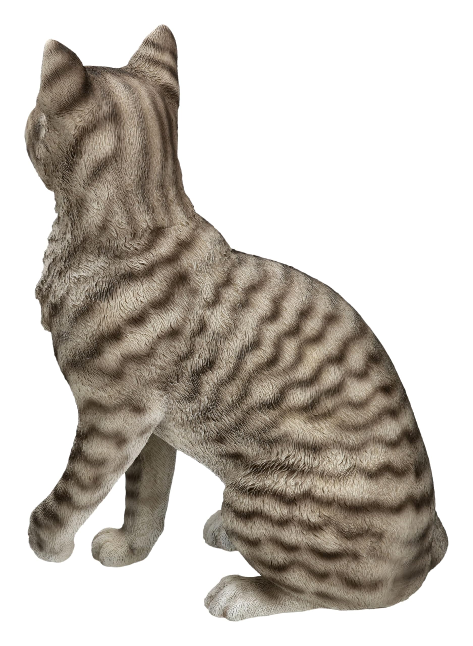 Figuren Shop GmbH Gartenfigur Katze sitzend 34,5 cm – grau getigerte Katzenfigur mit erhobener Pfote aus Polyresin, handbemalt und wetterfest – Tierfigur Gartenskulptur für Haustür und Terrasse