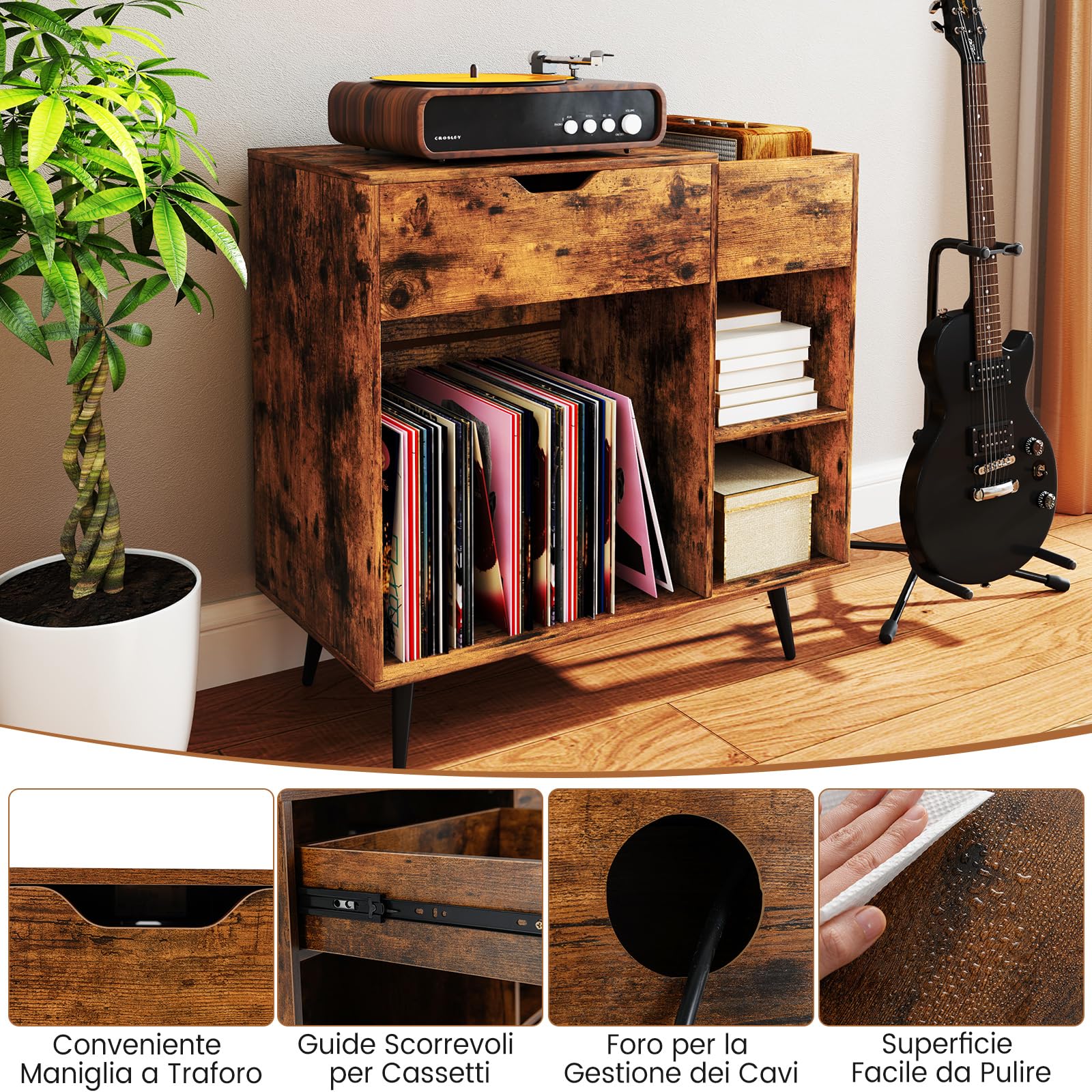 RELAX4LIFE Supporto per Giradischi con Stazione di Ricarica, Mobile Porta Dischi Multistrato, Espositore in Legno per Dischi per Ufficio, Soggiorno, 79,5 x 40 x 79 cm