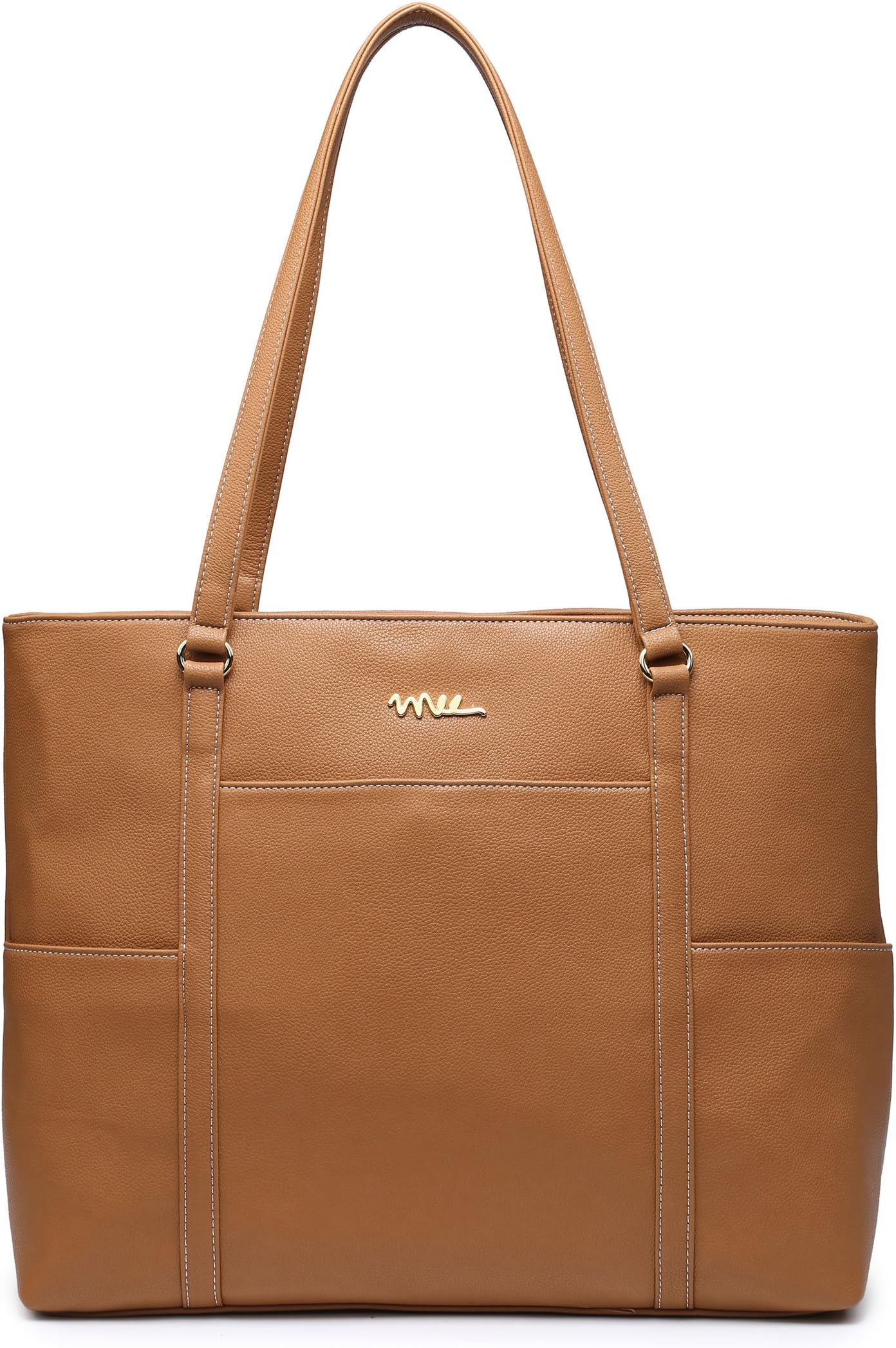 NNEE Classic Laptop Leather Tote Bag for 15 15.6 inch Notebook Computers Travel Carrying Bag with Smart Trolley Strap Design - Light Brown