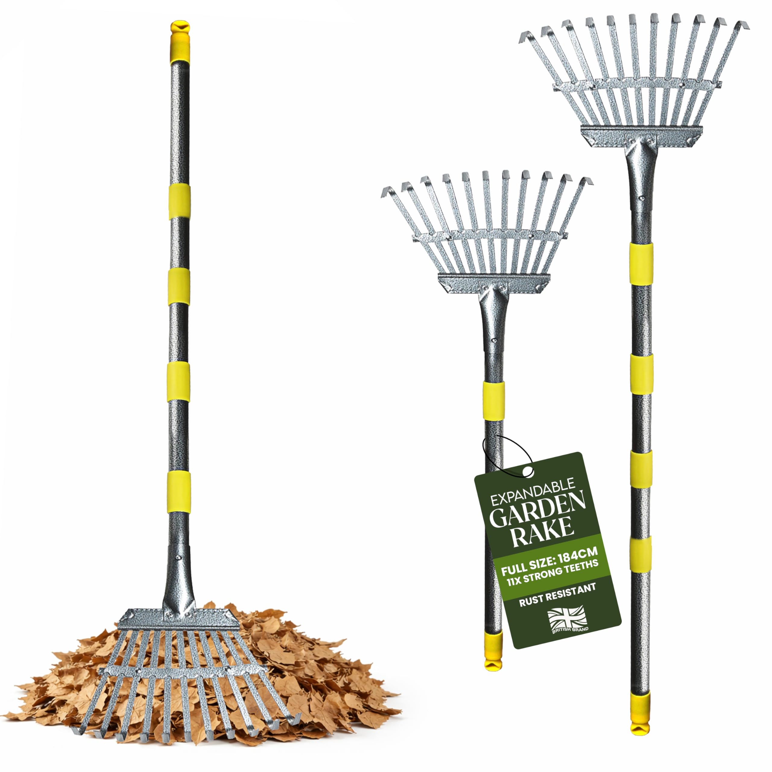 My Garden Rake for Leaf Collection - 184cm Extendable Metal Rake with Steel Handle & 11 Strong Teeth - Adjustable Lawn Rake & Leaf Collector Ideal for Garden, Backyard & Park Cleanup