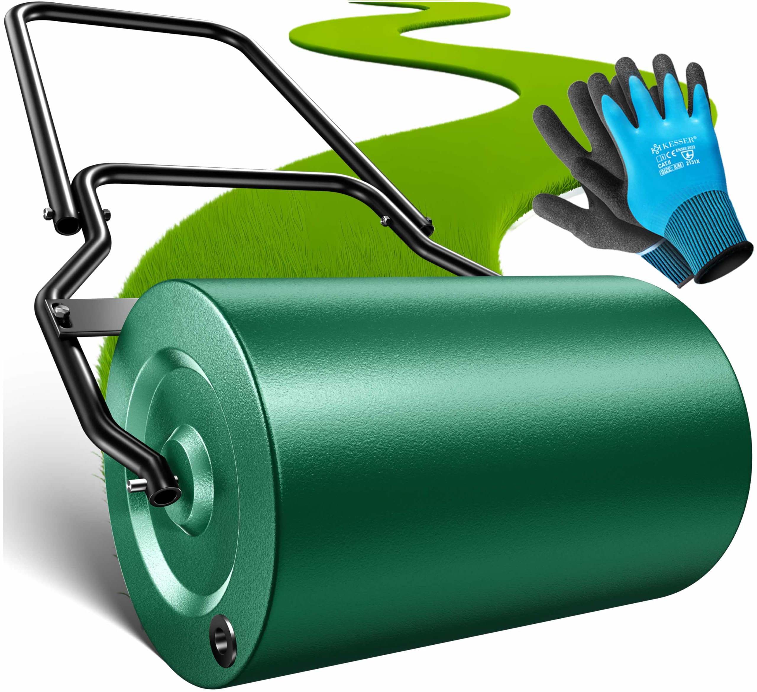 KESSER® Rasenwalze Metall befüllbar mit Wasser oder Sand mit 60 Liter Füllvolumen & 50cm breit | Gartenwalze inklusive Handschuhe | Handwalze Rasenroller Ackerwalze Walze in Grün