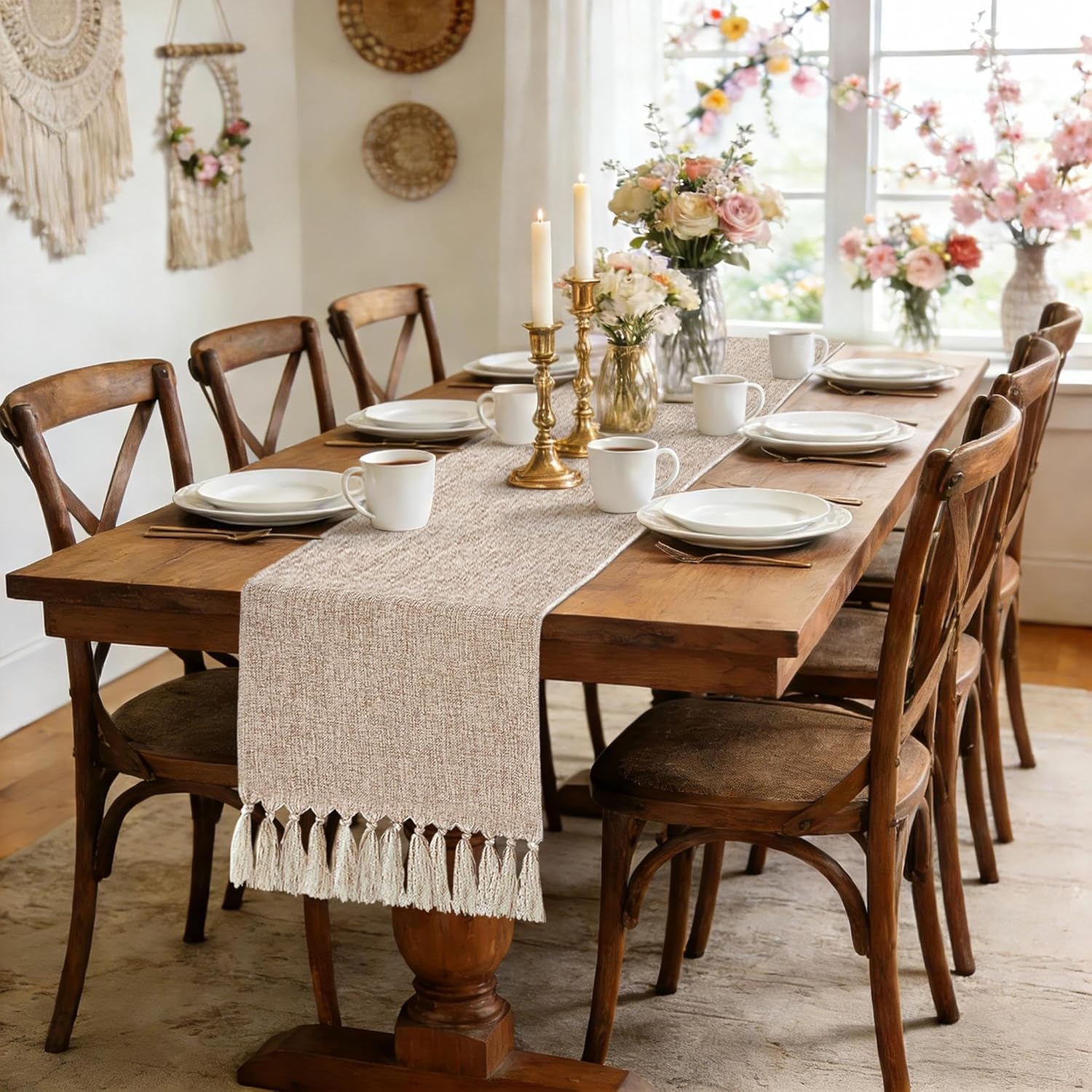 yuboo Boho Table Runner 108 inches Long, Rustic Farmhouse Dresser Runners for Bedroom, Dining Table, Spring Wedding Table Decor, Bridal Shower, Burlap Linen Table Runner (15x108 Tassels Included)