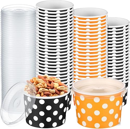 Yungyan 150 tazas de papel de Halloween de 8 onzas con tapas, cuencos de Halloween desechables para sopa, cuencos de calabaza negros y naranjas,