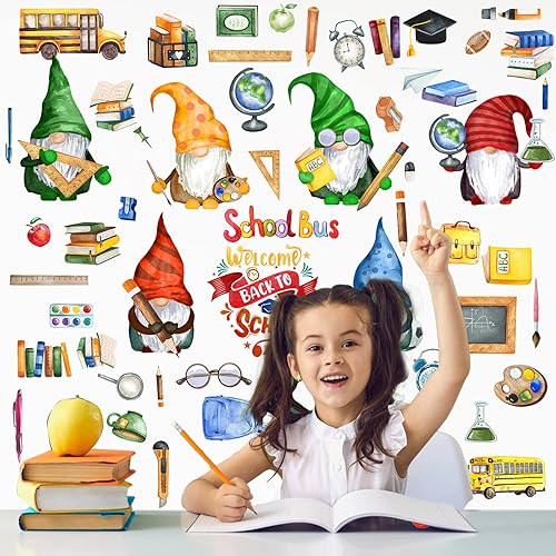 Miniatura 6 de 65 calcomanías de pared para el regreso a clases, 6 hojas de calcomanías de acuarela, decoración de búho gnomo, búho escolar, calcomanías de pared