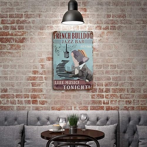 Miniatura 5 de Letrero de metal con diseño de bulldog francés, Jazz Bar, música en vivo, esta noche, letreros artísticos para pared, regalos para amantes de la