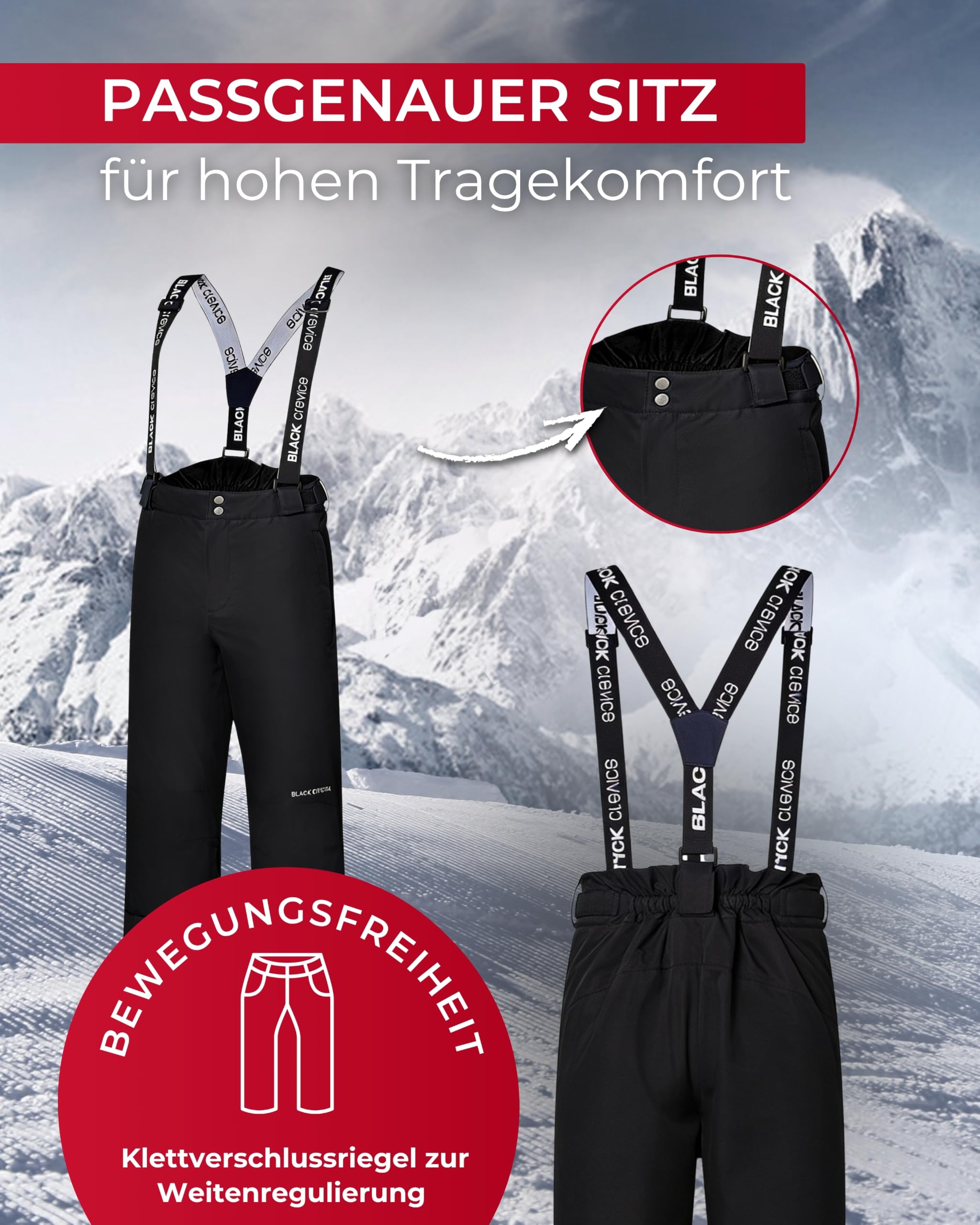 Black Crevice Herren Skihose I Männer-Skihose Größen I Skihose mit Hosenträgern I atmungsaktive Herren-Snowboardhose I Wind- & wasserdichte Herren-Schneehose