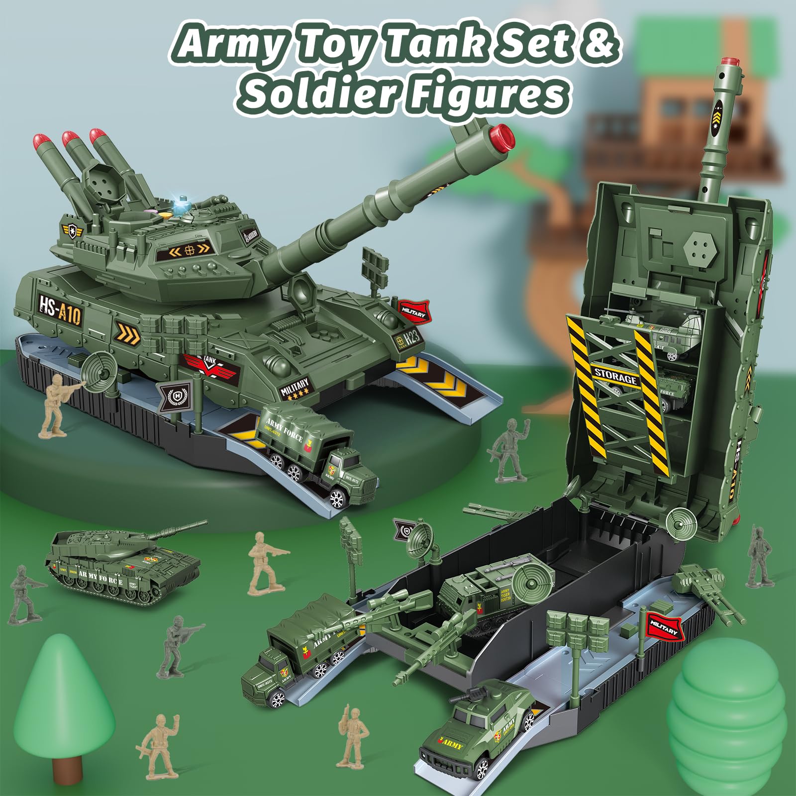 Juego de 6 piezas de tanque del ejército fundido a presión para niños de 3 a 6 años, con 8 figuras de soldado, juguetes militares con luz y sonido, tanques de misiles lanzables 2