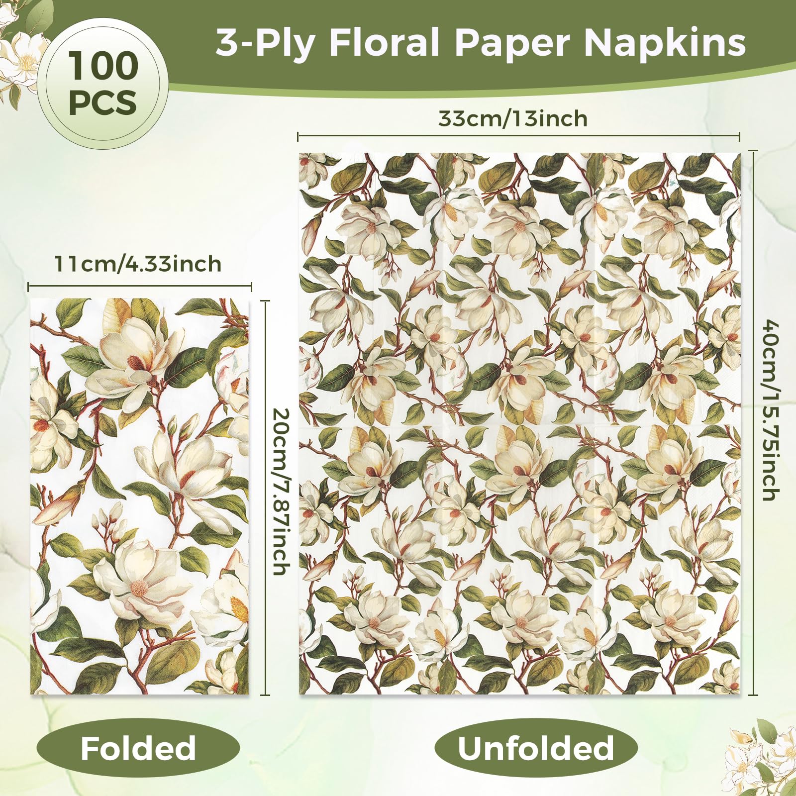 Homlouue Vintage Magnolien-Servietten – 100 Stück, 3-lagig, Blumenmuster Für Party, Tischdeko & Haushalt