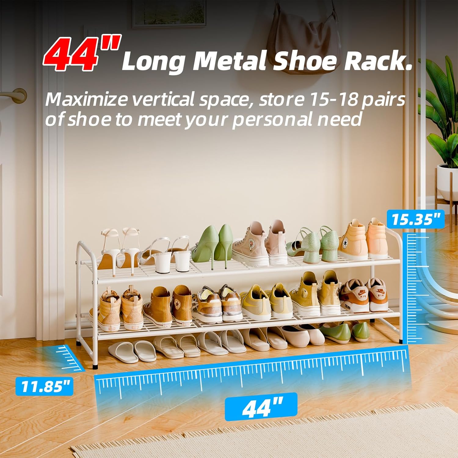 Shoe Rack for Closet, 2 Tier 44 Inch Extra Long Shoe Storage Organizer for Shelves, Heavy Duty Metal, Easy Assembly, White