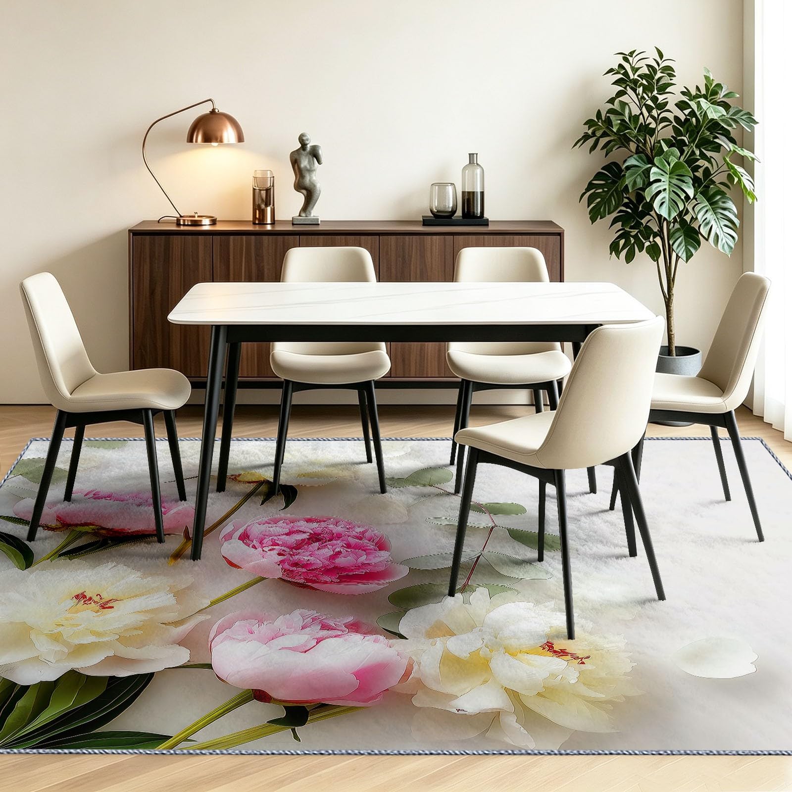 Générique Tapis Botanique Pivoine Feuille Verte 140 x 200 cm - Tapis Salon Flowers Minimalisme Esthétique Chambre - Moquette Antidérapant Lavable Doux à Poils Ras - Décoration Intérieure