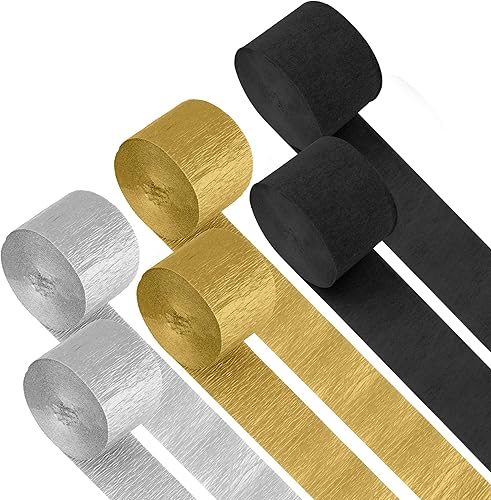 Serpentinas de papel crepé, 6 rollos de serpentinas de fiesta de 492 pies, paquete de 6 papel crepé negro, plateado y dorado para fiesta de