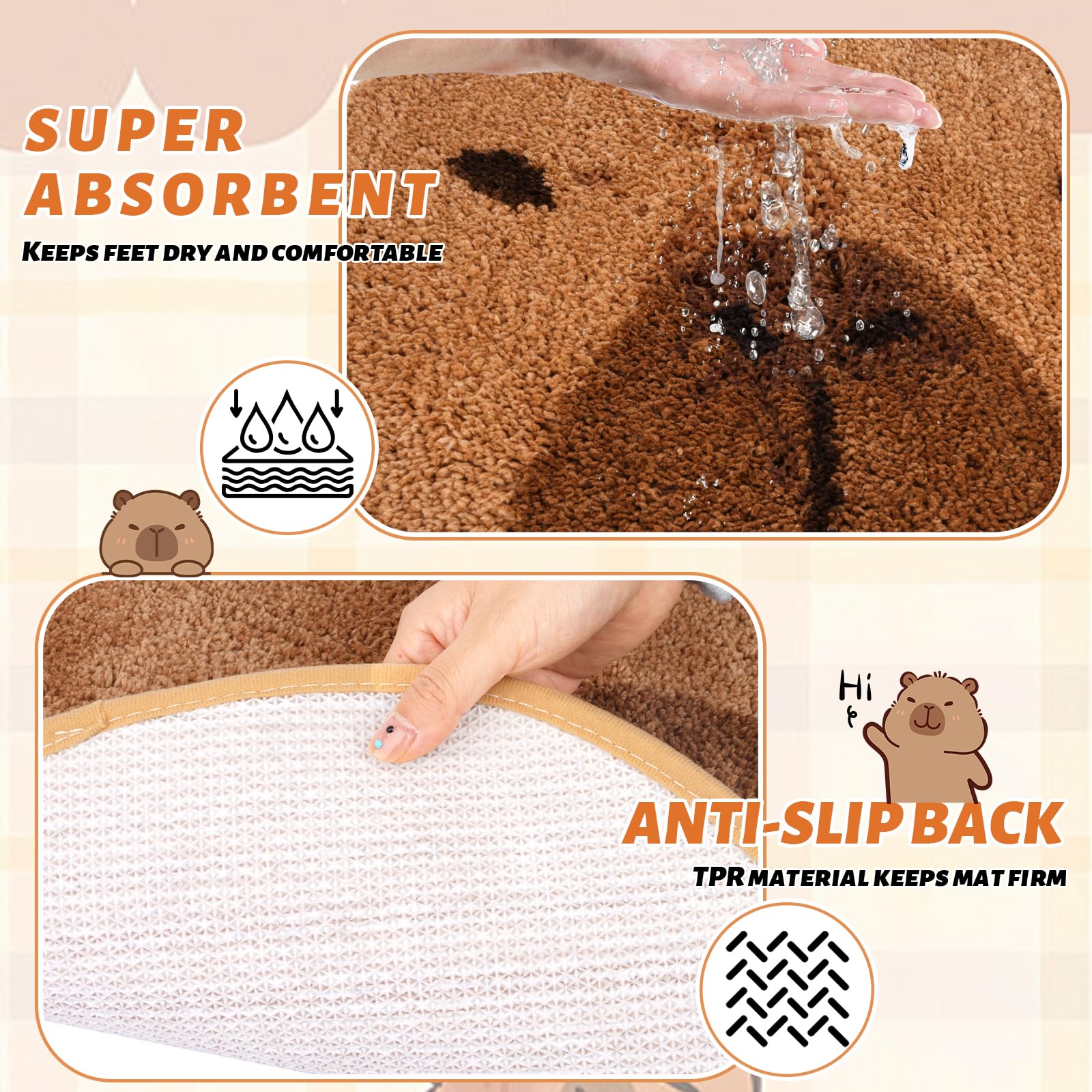 Capybara - Tapete de baño, suave y absorbente, bonito tapete de baño para baño, antideslizante, tapete de felpa para puerta, tapete de baño con forma de animal para bañera, ducha, decoración 3