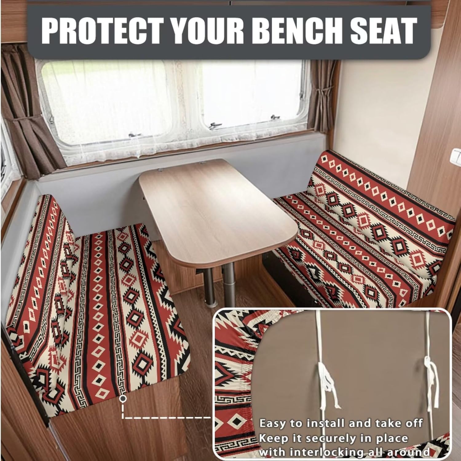 Red Aztec RV Dinette Cushion Covers Booth Set Elastic Camper Cushion Covers Replacement Sofa Slipcovers Washable (2 Backrest Cover & 2 Bench Cover)
