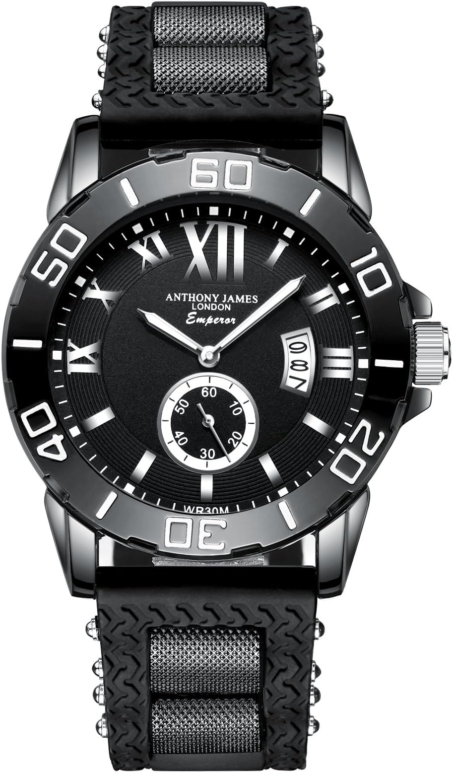 Version 3.0 ANTHONY JAMES London Emperor Men's Large Black Casual Luxury Sports Watch with White Calendar Cut, Analog Quartz Movement with Durable Rubber Strap, Designer Mens Watches Sale!
