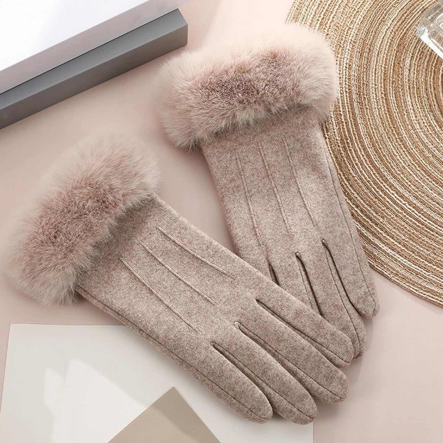 Women's Winter Suede Gloves with Fur Cuffs, Stretch Fleece Gloves with Touchscreen for Cold Weather - Image 6