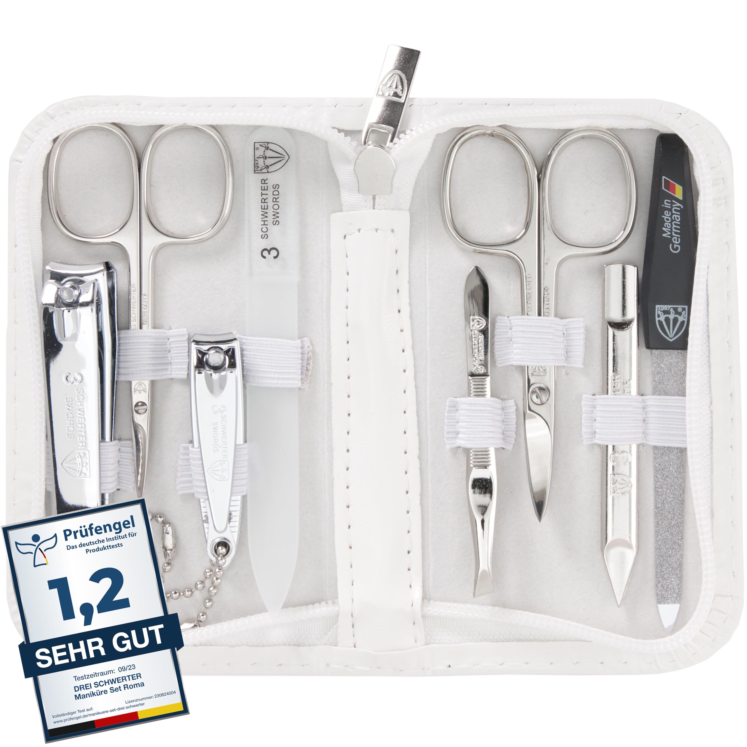 DREI SCHWERTER - Kit de manucure « Roma » – Étui à ongles avec 8 instruments : ciseaux à ongles, ciseaux à cuticules, coupe-ongles pied/doigts, cure-ongles, pince à épiler, lime à ongles en verre,
