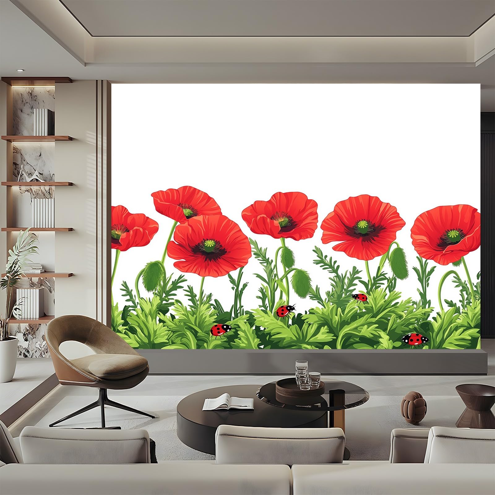 Panoramiczne kwiaty maki owady czerwony zielony 200 x 140 cm (szer. x wys.), nowoczesna tapeta z włókniny do sypialni salonu biura spersonalizowana dekoracja ścienna restauracja pokój dziecięcy