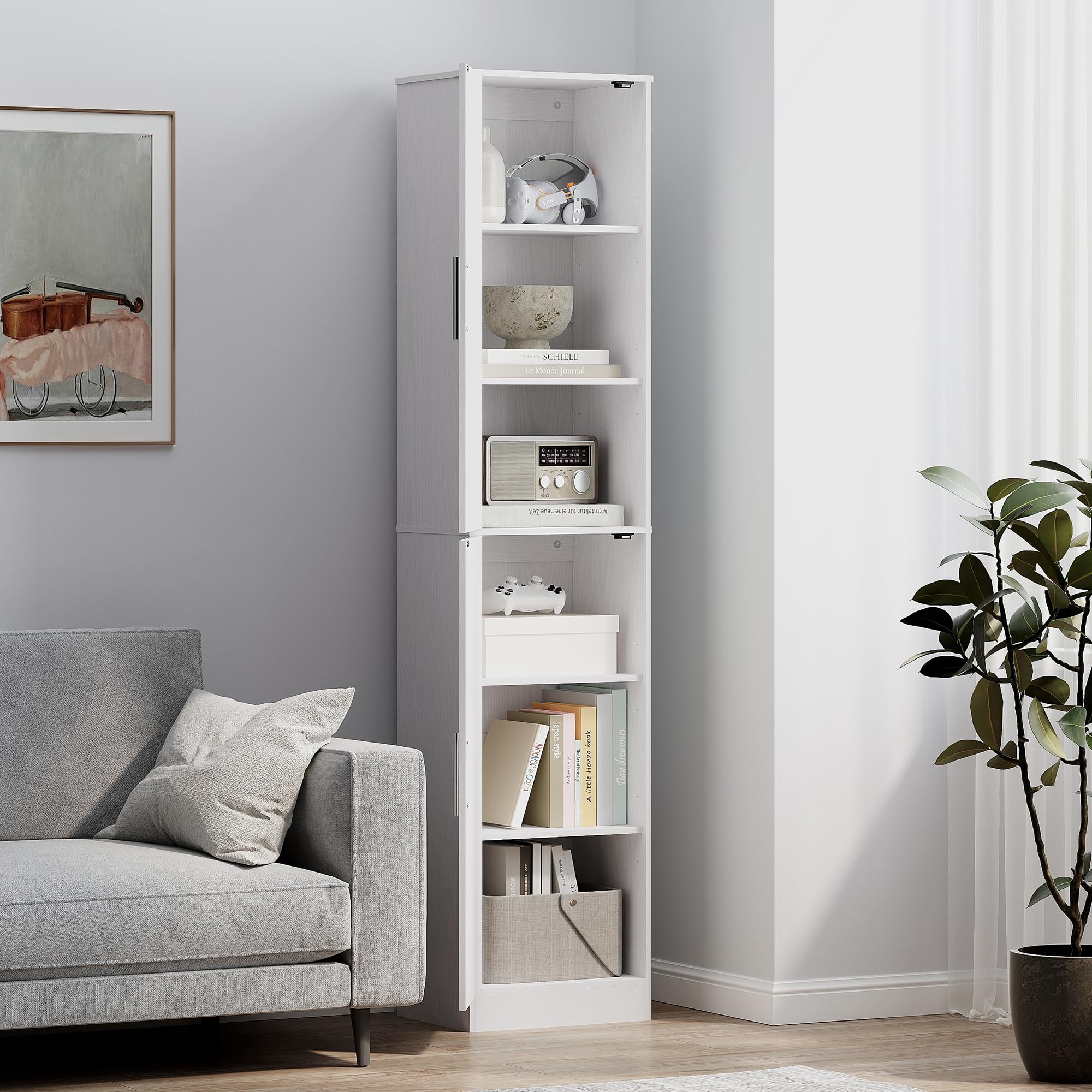 HOMCOM Mobile Bagno con 2 Armadietti e Ante, Colonna Bagno Salvaspazio con Ripiani Regolabili, per Sala da Pranzo, Salotto, Soggiorno, Cucina, 40x35x180 cm, Bianco