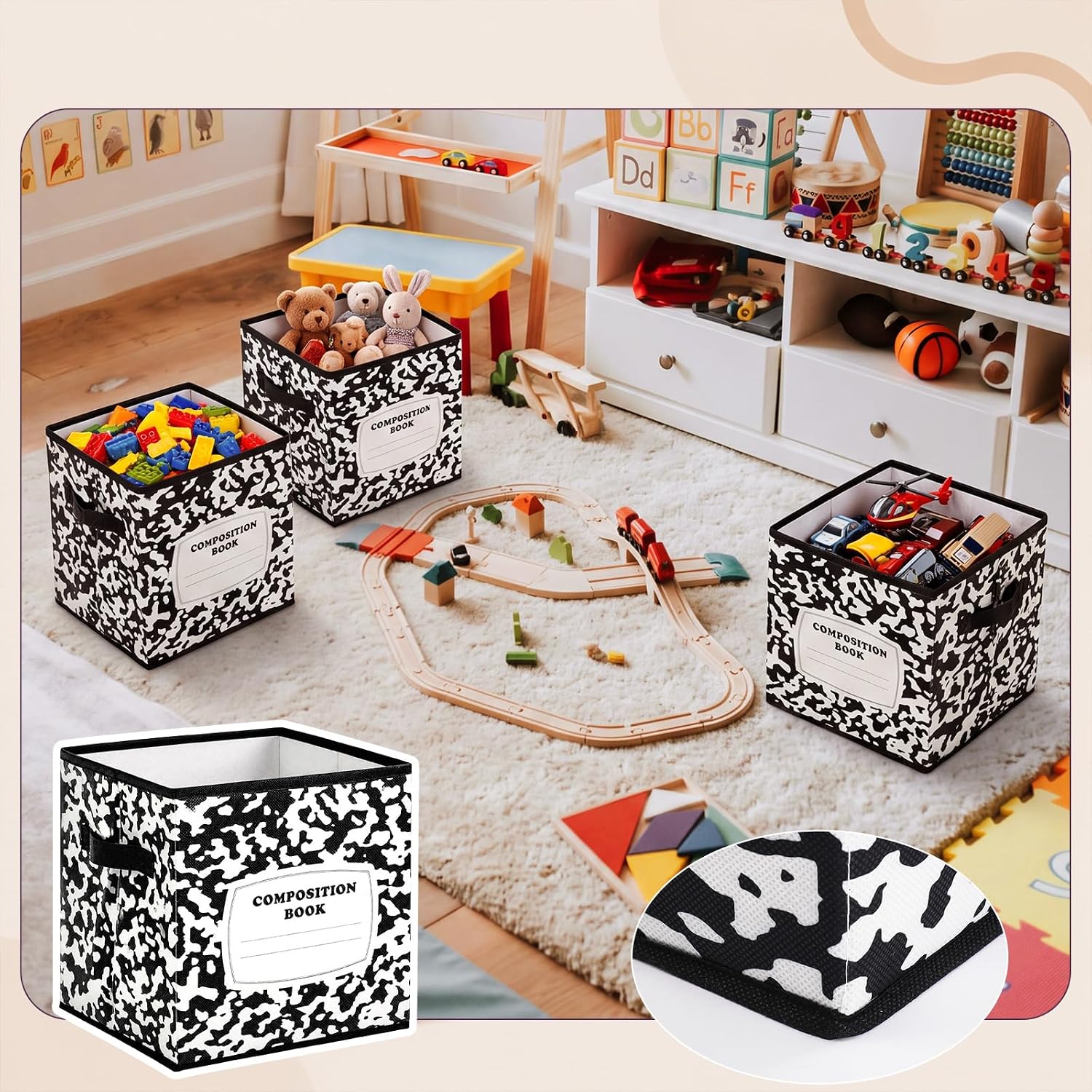 6 Pcs 11 Inch Composition Book Classroom Fabric Storage Bins Classroom Must Have Cubby Basket Bins Return Back to School Collapsible Treasure Prize Box Organization for Teacher
