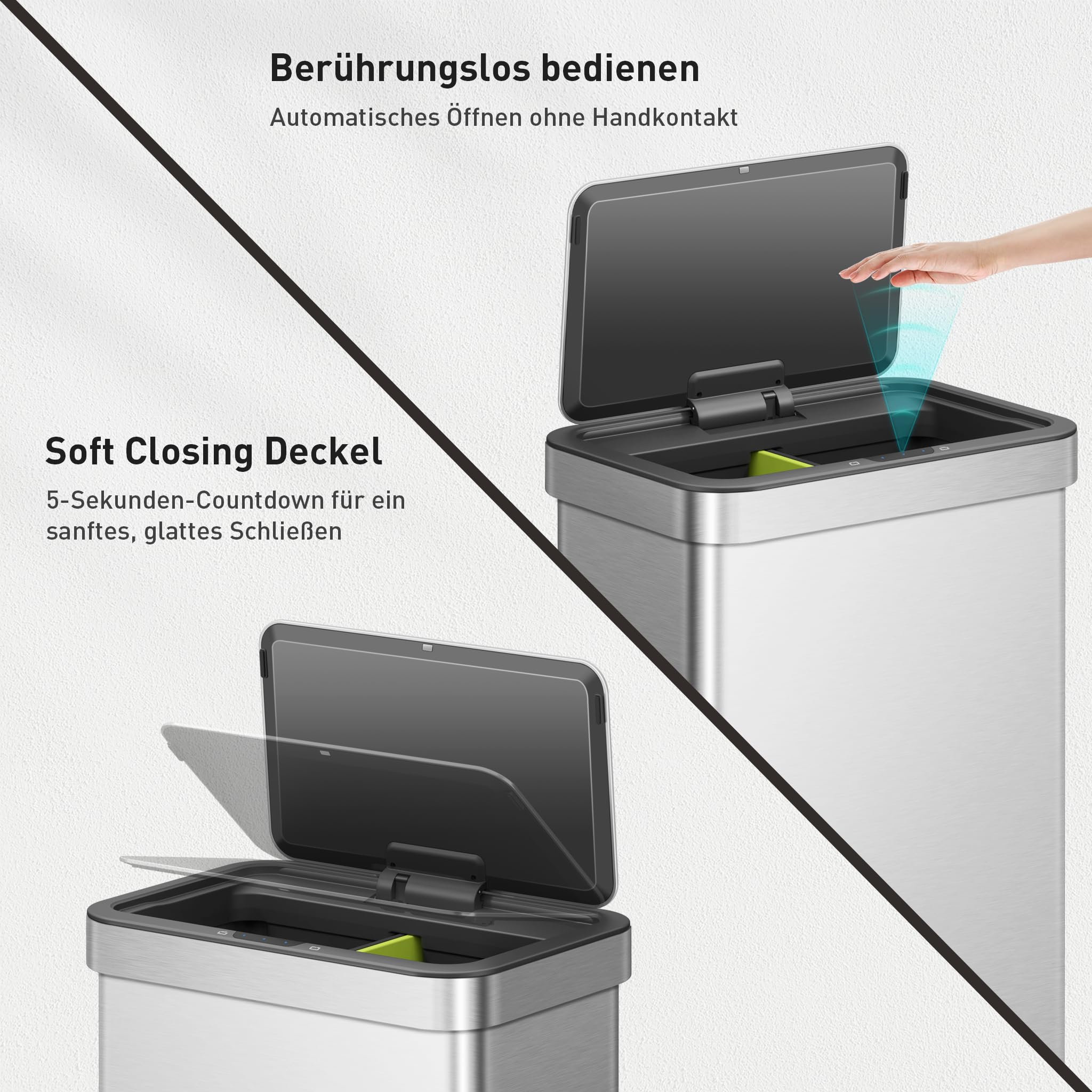 EKO NOVA Mülleimer mit Sensor 2 x 30L Edelstahl Softclose fingerabdruckfrei elektrischer Küchenmülleimer