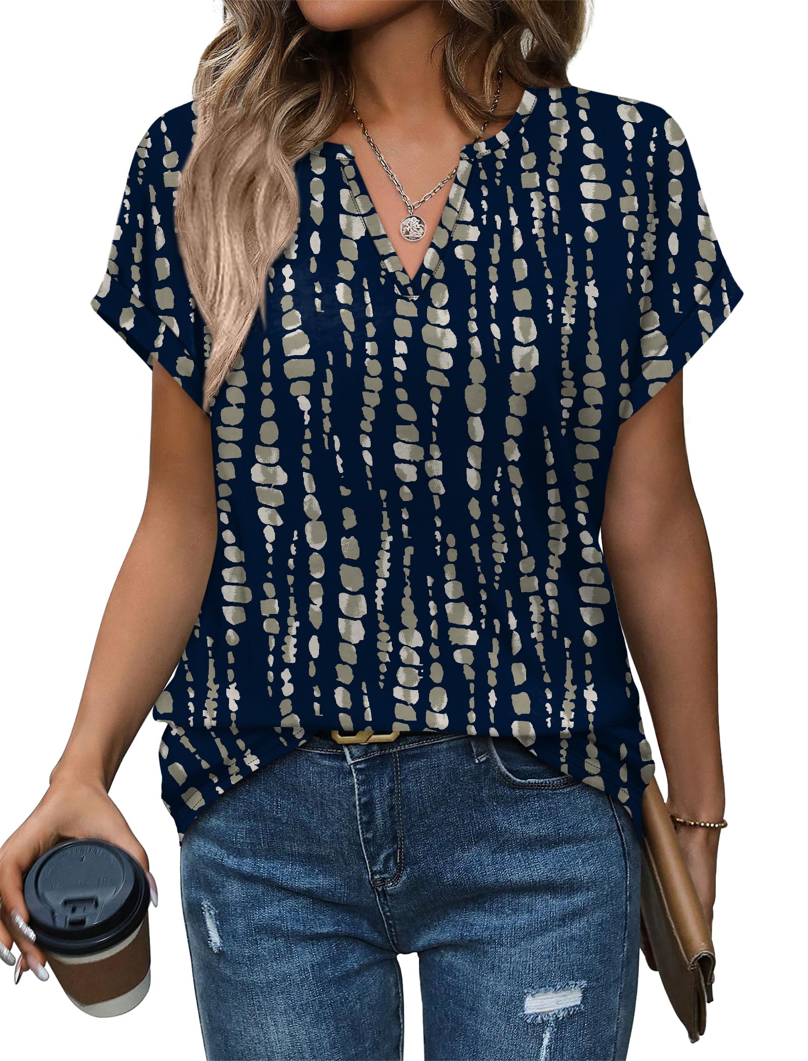 Womens Tops Dressy Casual V Neck Rolled Sleeve T Shirts Fashion Clothing Business Casual Outfits Beach Vacation Clothes-image-38