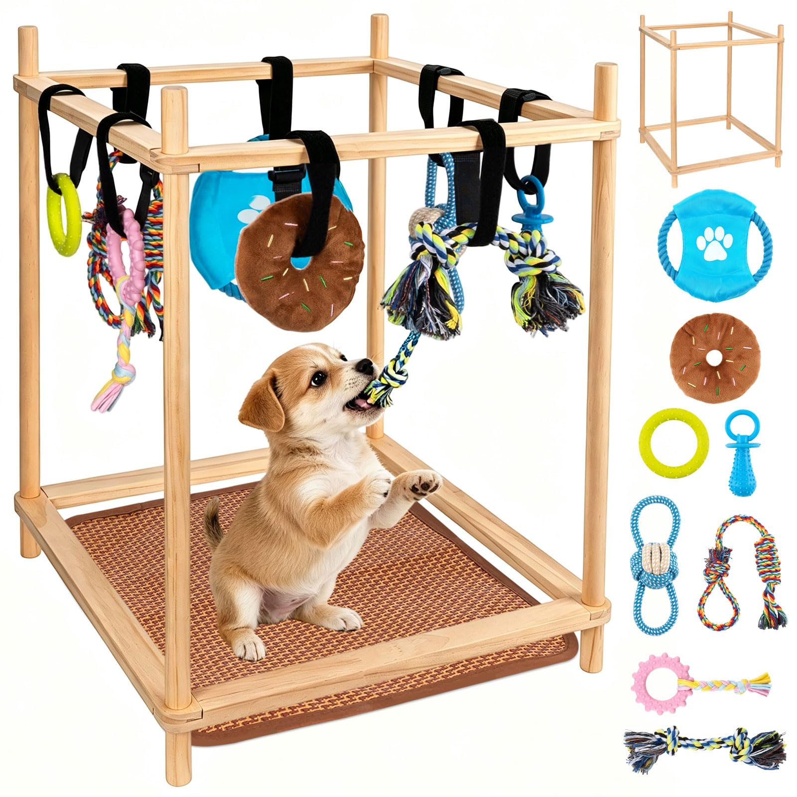 GTian Wooden Puppy Play Gym with 8 Hanging Toys for Small Dogs, Wood Frame Indoor Puppy Gym with Dog Enrichment Toys for Puppies and Small Pets