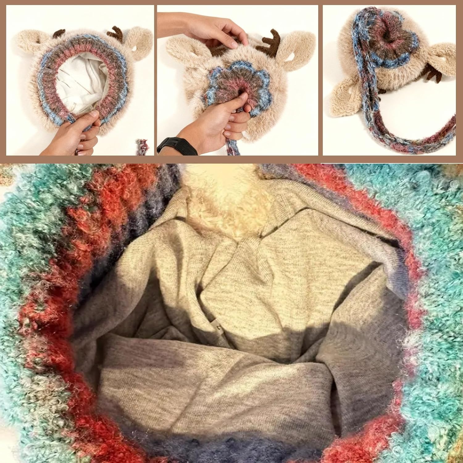 2025 New Festive Christmas Antler Hat, 2-in-1 Winter Knitted Ear Protection Windproof Warm Hat - Deer Storage Cap