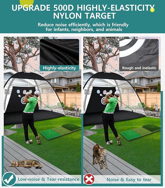 Golf Net:10x7ft Nylon Golf Practice Net for Garden Driving, Chipping, Indoor/Outdoor Golf, Upgraded High Elastic Nylon Mesh with Mat