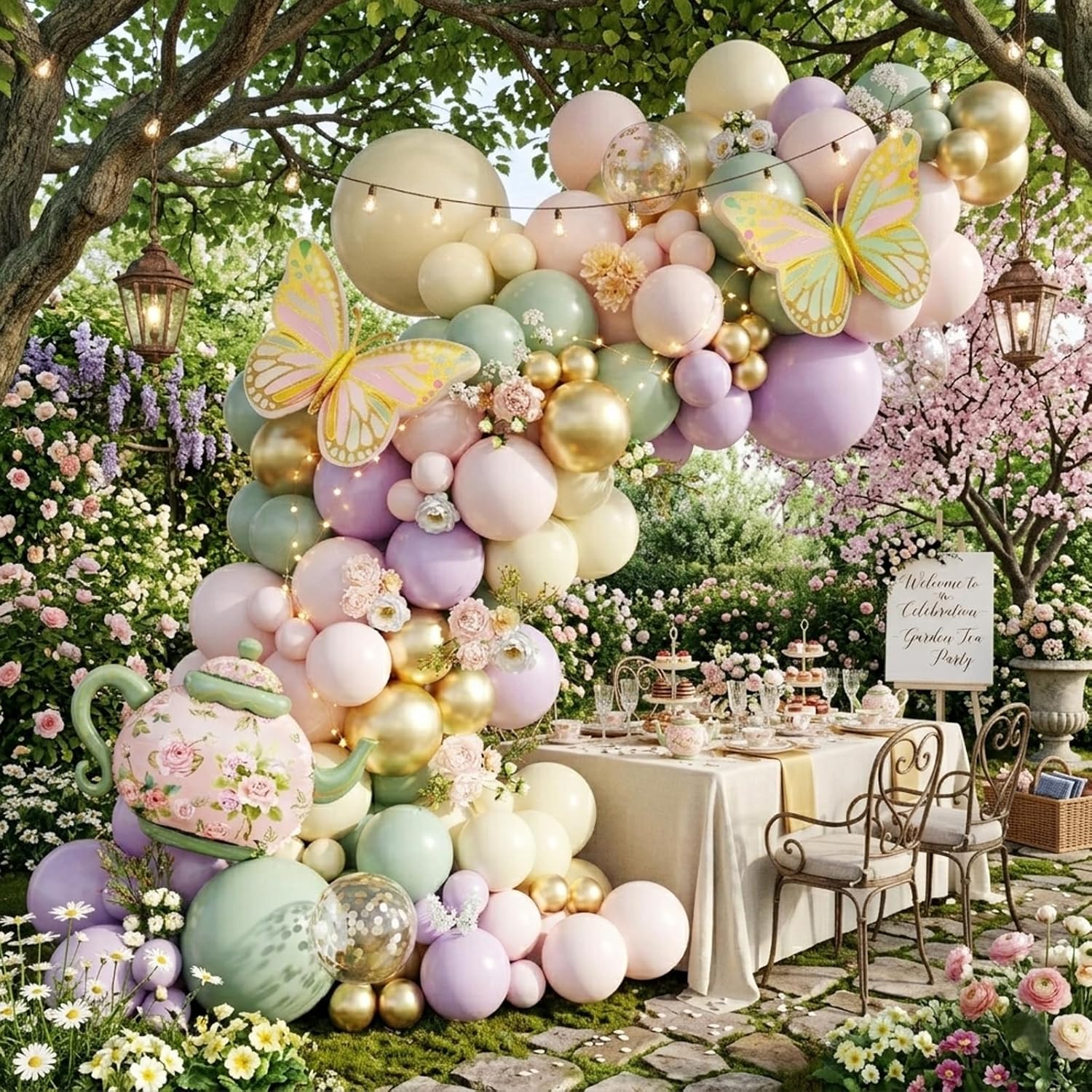 Tea Party Decorations Pastel Purple Pink Sage Green Gold Balloon Garland Arch Kit with Teapot Butterfly Foil Balloon for Tea Party Princess Birthday Spring Garden Baby Shower Bridal Shower Decoration