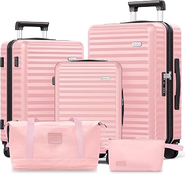 SHOWKOO Luggage Sets 3 Piece Hardside Expandable Suitcase with Double Spinner Wheels Tsa Lock, Pink, 5 piece set