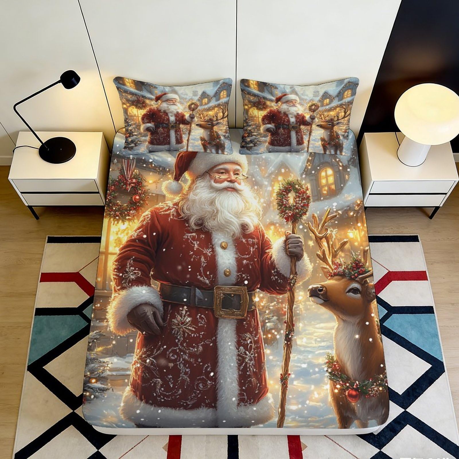 3D Printed Santa Claus Christmas Fitted Sheet Microfiber Anti-Slip Bed Cover Reindeer Festive Decor for Bedroom Guest Room 140x200x25cm