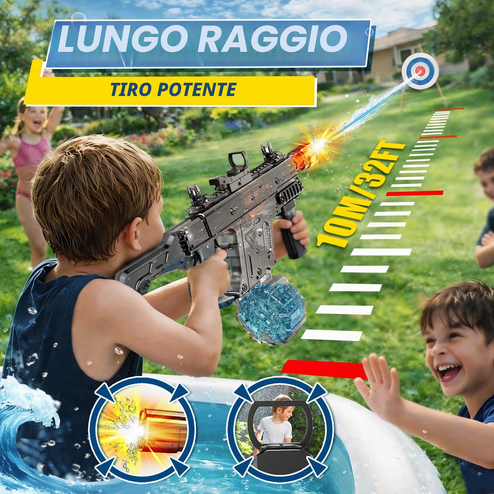 JONRRYIN Pistola ad Acqua Elettrica Automatica con Luci LED, Fucile ad Acqua Autocaricante Capacità 450ml, Portata 8m per Adulti e Bambini Piscina Spiaggia Giardino Feste Estive (Nero)