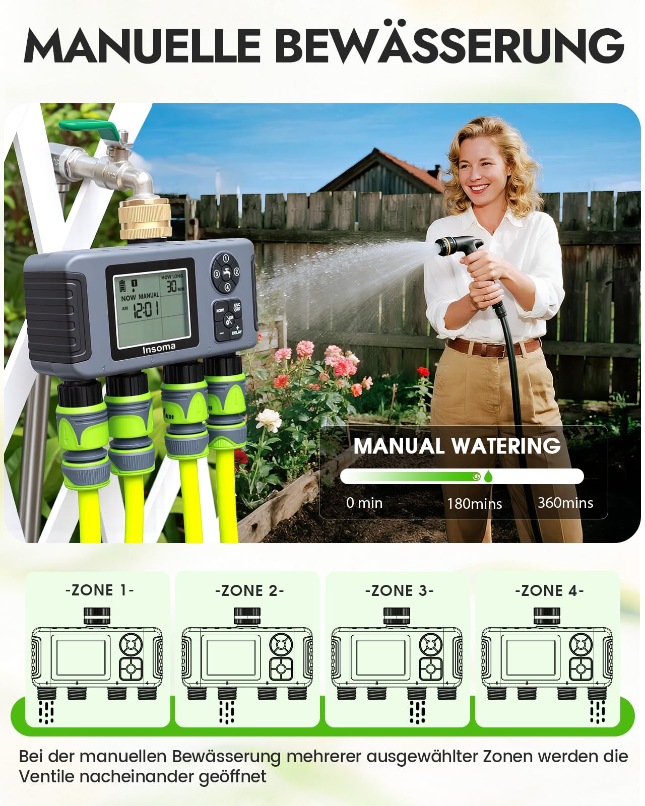 Insoma Timer dell'acqua a 4 zone con ingresso in ottone, timer automatico per tubo da giardino con ritardo manuale/pioggia e grande display, timer per rubinetto impermeabile IPX5 per sistema di