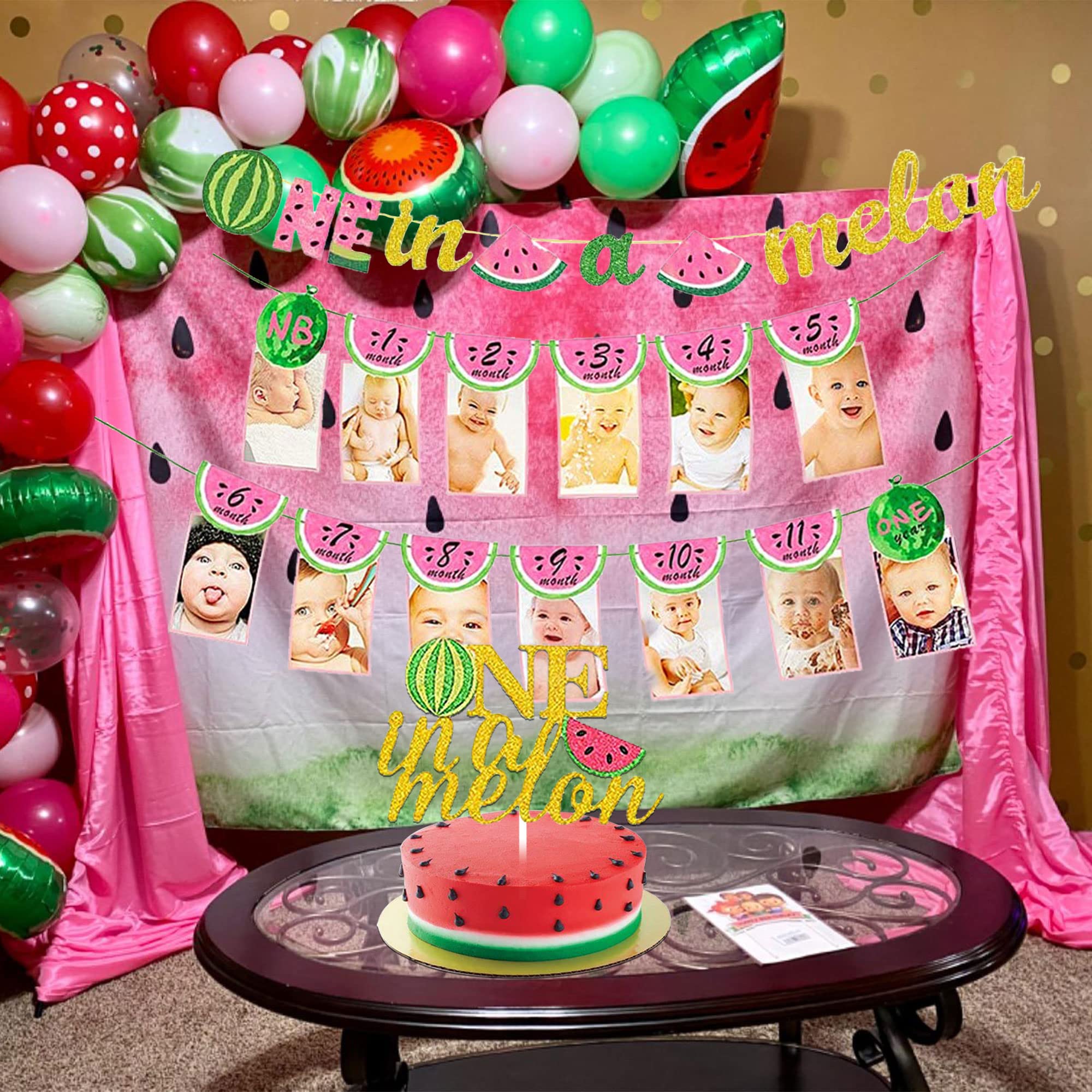 JeVenis One in a Melon Banner Watermelon First Birthday Decoration One in a Melon Cake Topper Watermelon 1st Birthday Banner Watermelon Monthly Photo Banner Supply