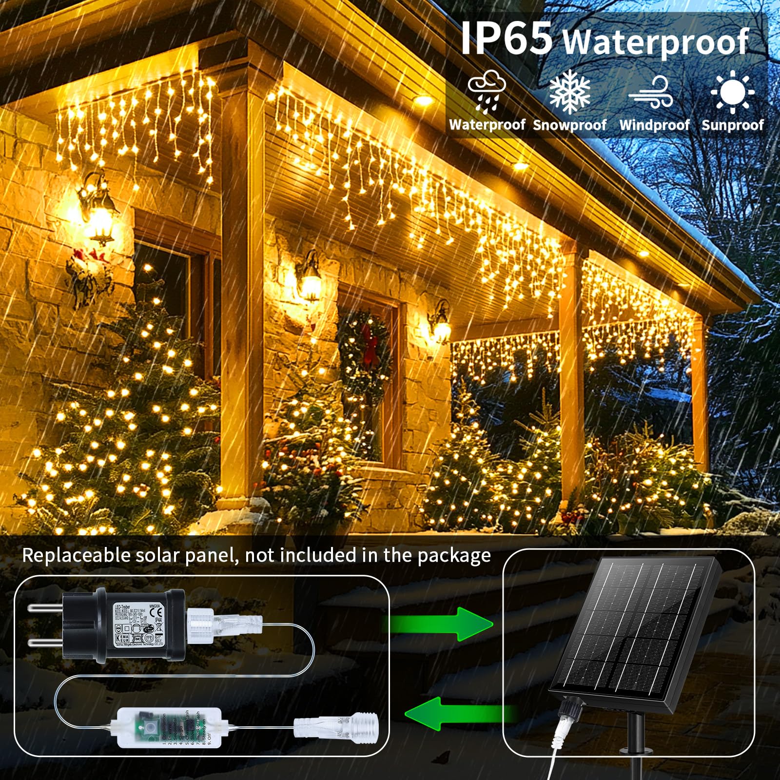Erneuerbar Eisregen Lichterkette, 3 In 1 25+5M 800 LED Weihnachtslichterkette mit 8 Modi, Timer, Memory-Funktion Weihnachtsbeleuchtung Lichtervorhang für Innen Außen Weihnachten Warmes Weiß