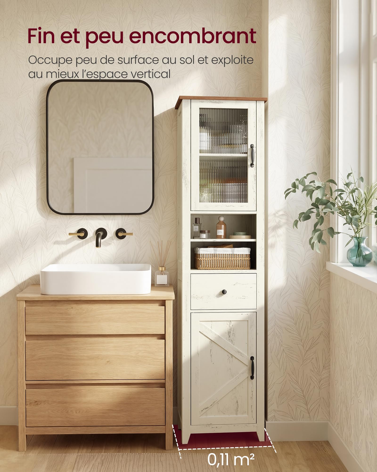 VASAGLE LIRY Collection - Armoire Salle de Bain Style Campagne, Meuble de Rangement Mince, Compartiments Ouverts, 1 Tiroir, avec Portes, Blanc Rustique et Marron Miel, 31,5 x 40 x 171 cm BBK760W101