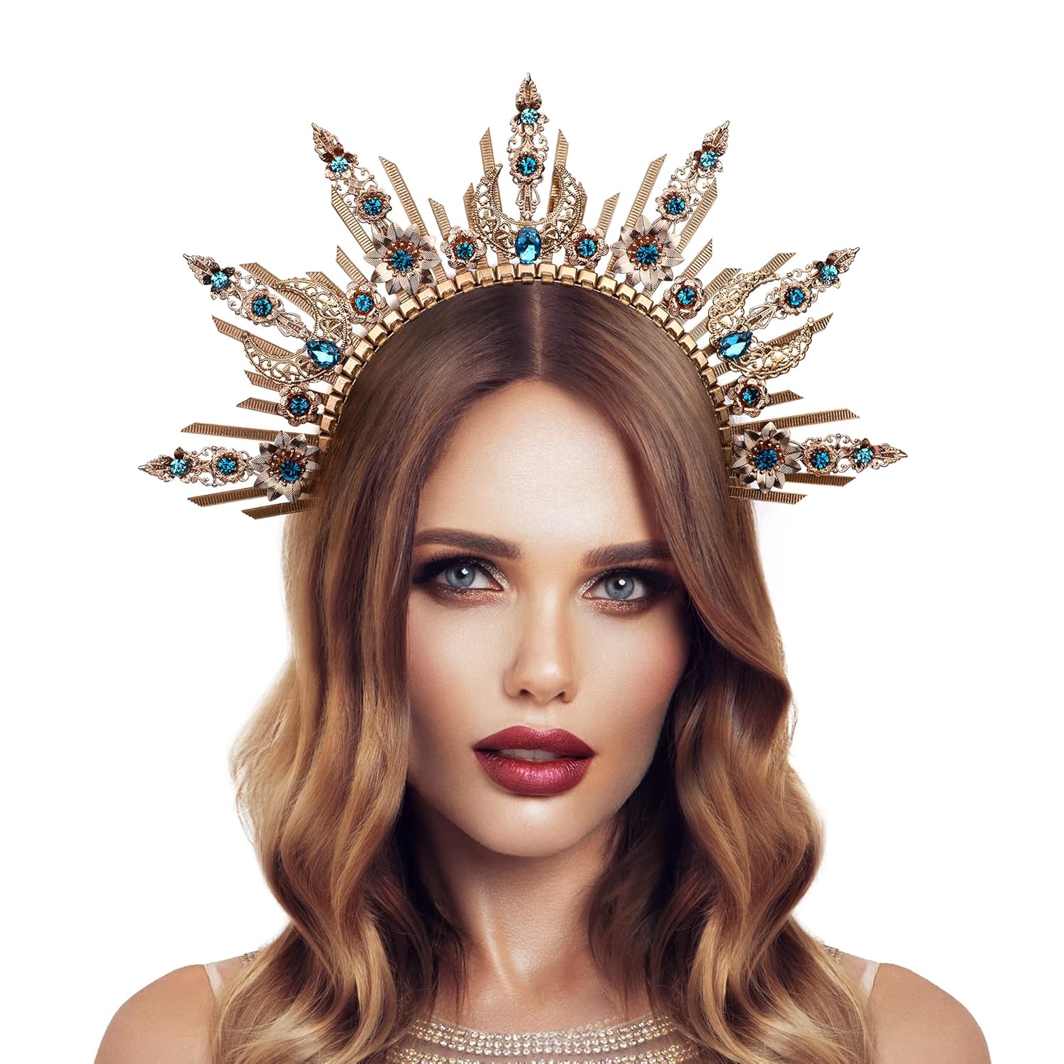 Renfaire Halo Crown Headpiece - Moon Goddess Sunburst Headband Fantay Gold Headpiece Boho Wedding Photo Shoot Cosplay Party Renaissance Halloween Costume Blue Rhinestones - Image 8