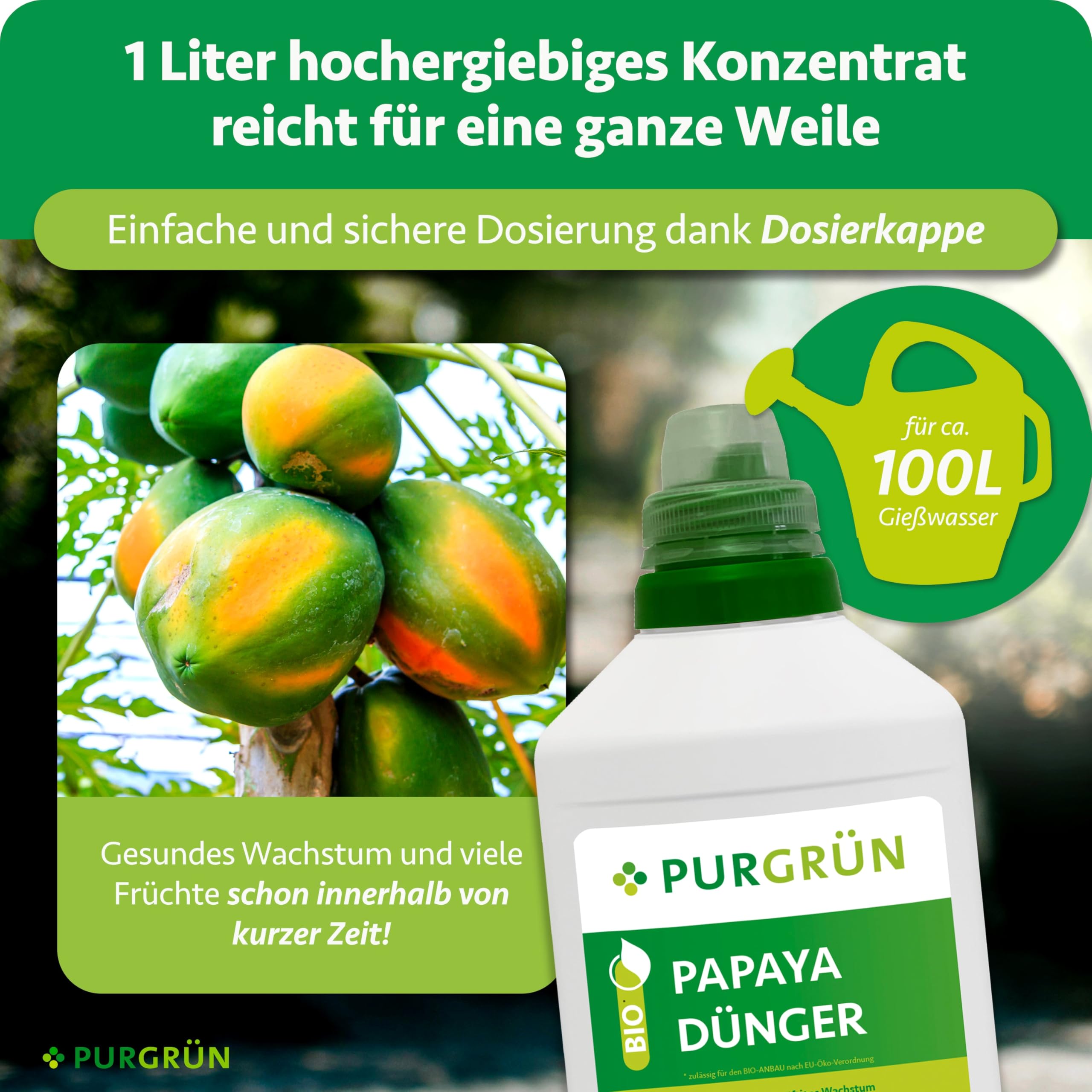 Bio-Papaya-Dünger 1 Liter – Organische Rezeptur – Premium-Flüssigdünger – NPK 4+1+7 – Mit Algenextrakt & Vinasse – Extra Kalium für gesundes Wachstum – Ohne tierische Inhaltsstoffe