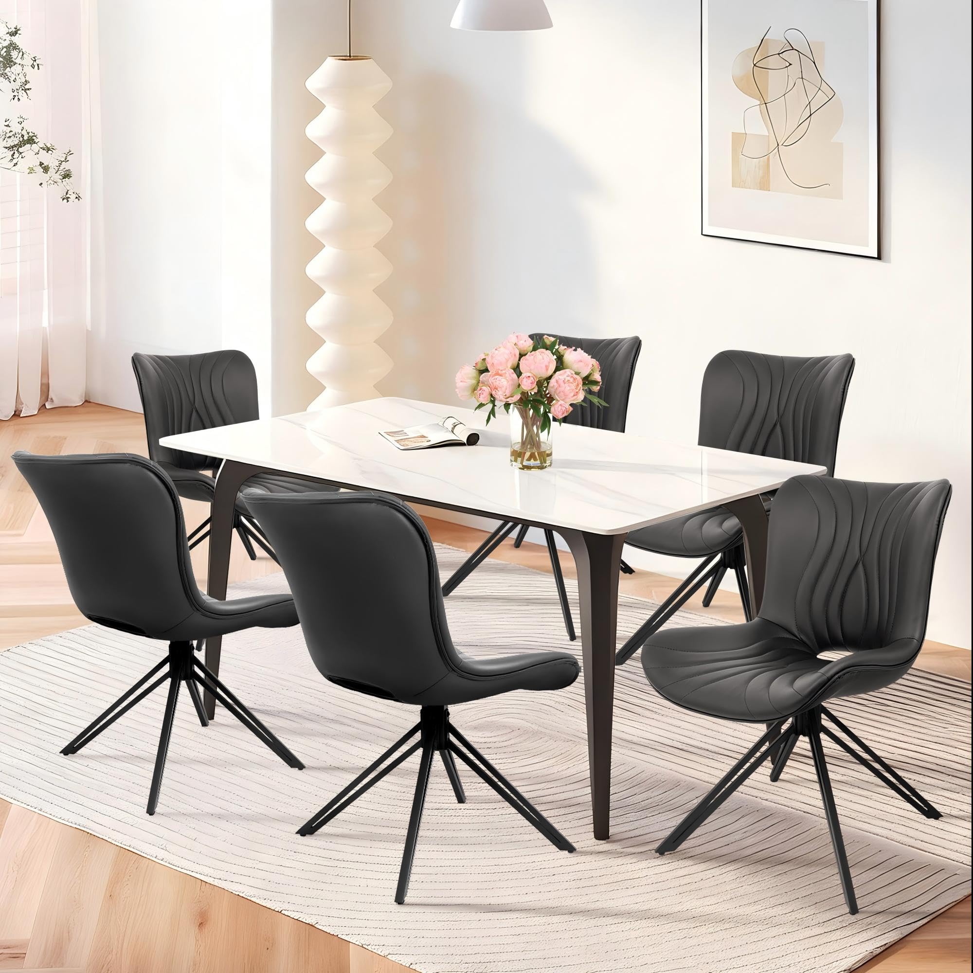 VATROS Dining Chairs Set of 6, 360° Swivel Upholstered Mid-Century Modern Kitchen Dining Room Chairs, Armless Faux Leather Accent Side Chair with